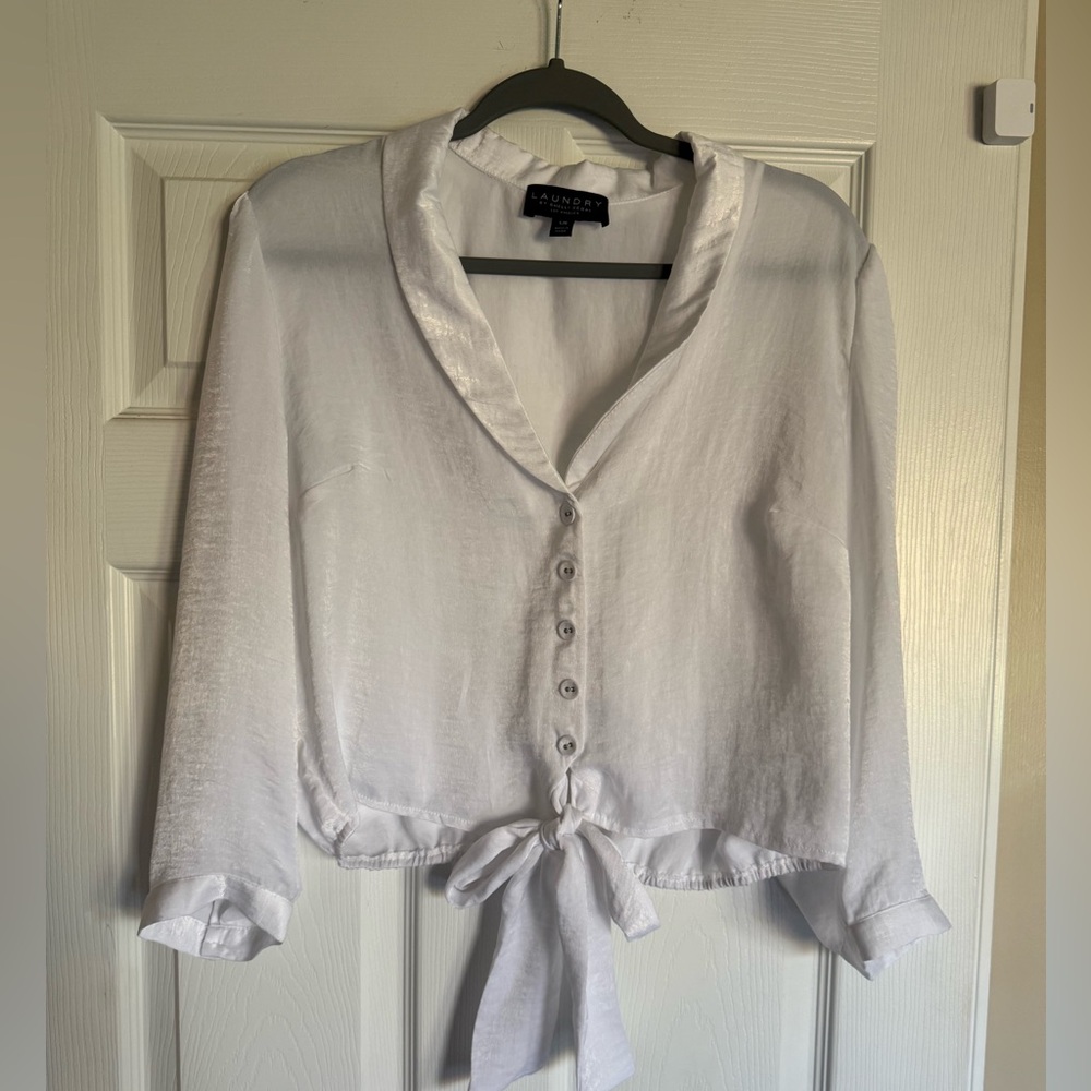 Laundry by Shelli Segal White Long Sleeve Dressy Button Blouse Tie Waist, Sheen